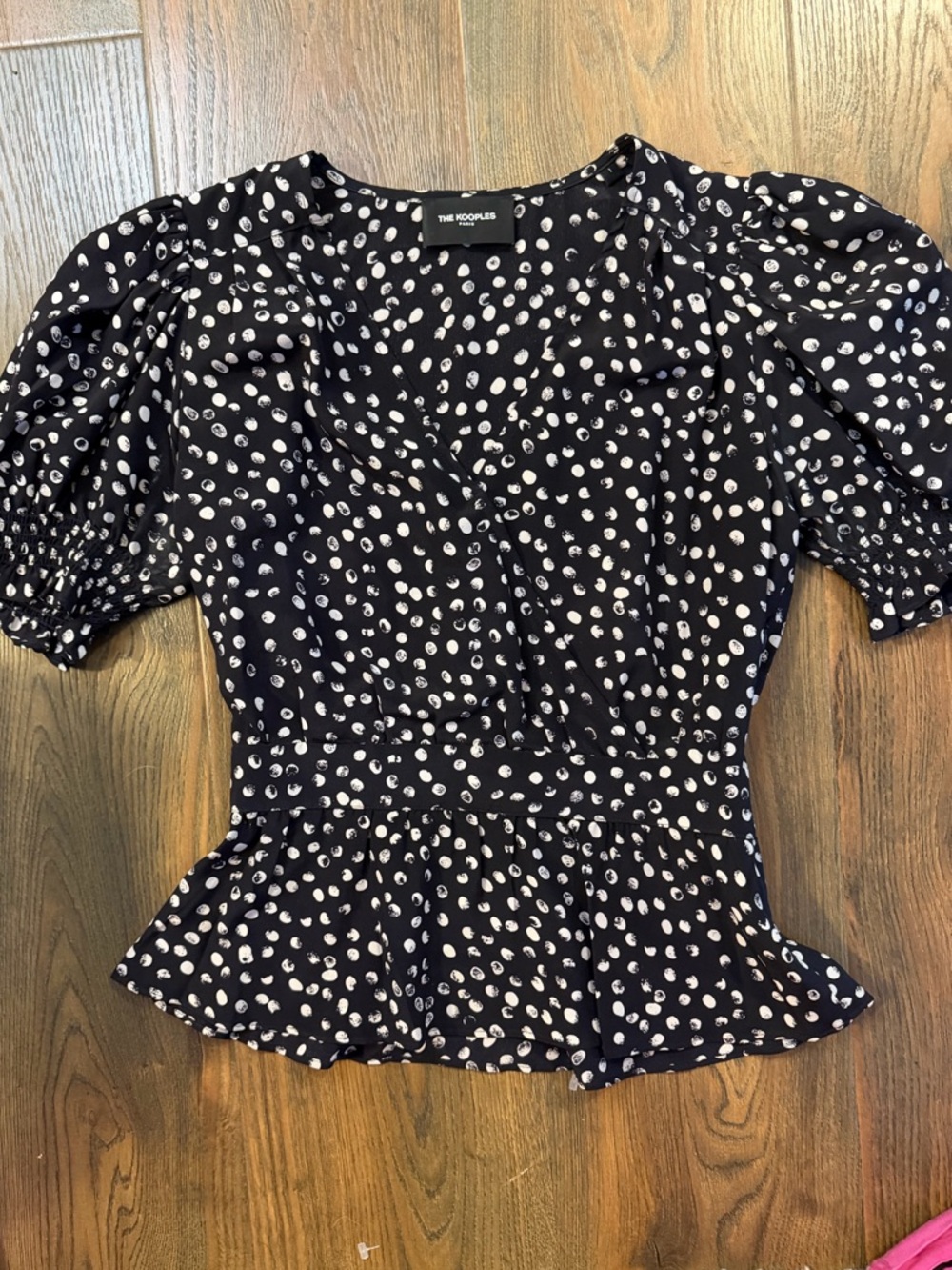 The Kooples Paris Black Polka Dot Peplum Top with Puff Sleeves